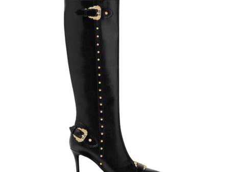 Versace Jeans Couture Scarlett Baroque Buckle Black Knee High Boots Online now