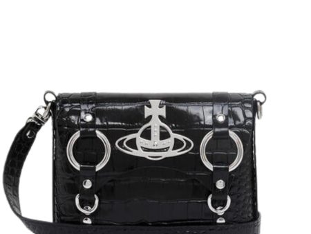 Vivienne Westwood Black Croc-Embossed Leather Kim Crossbody Bag Supply